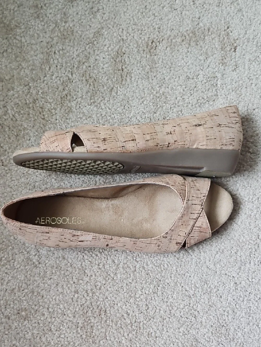 AEROSOLES Beige Cork Peep-Toe Wedge Heels